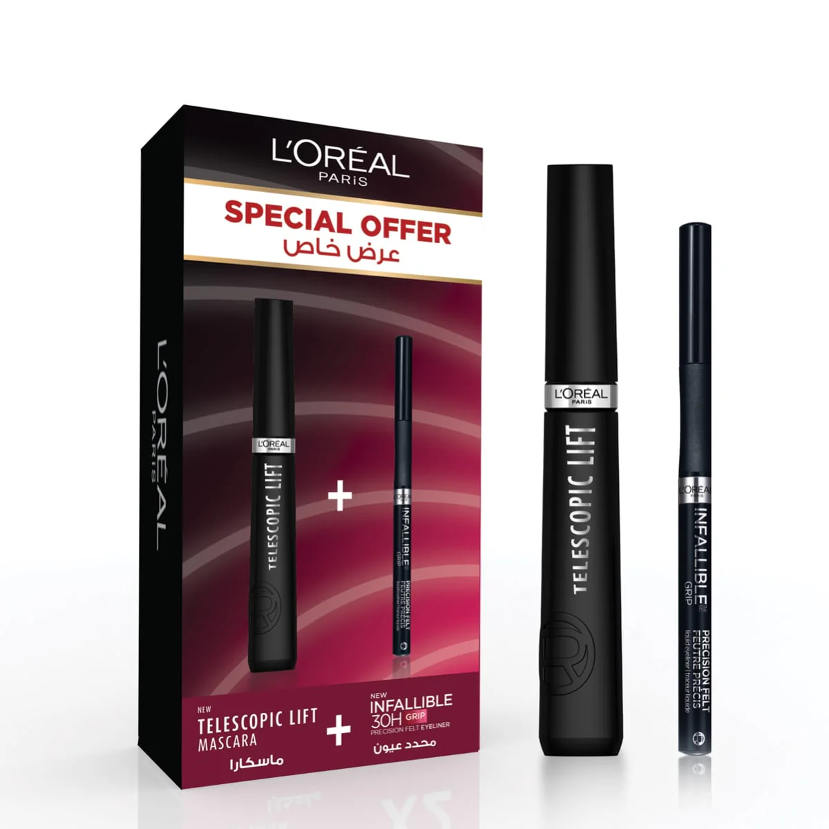 L'Oreal Paris Telescopic Lift Washable Mascara + Infaillble Grip Precision Felt 0.4mm 24H Longwear Liquid Eyeliner Black