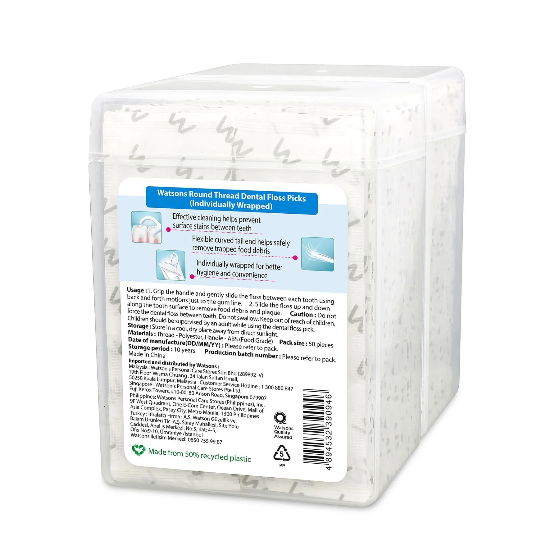 Watsons Round Thread Dental Floss Picks with Tongue Cleaner - Image 2
