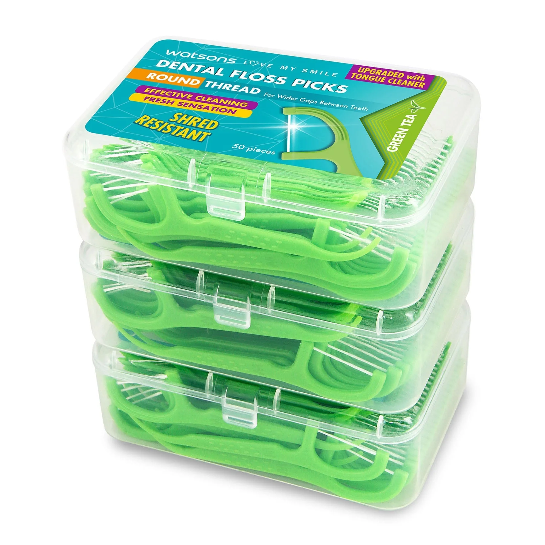 Round Thread Dental Floss Picks With Tongue Cleaner Green Tea 3X50pcs