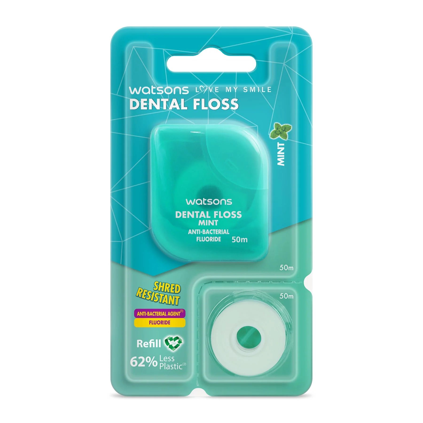 Watsons Dental Floss Mint with Fluoride & Antibacterial Agent 50m + Refill 50m