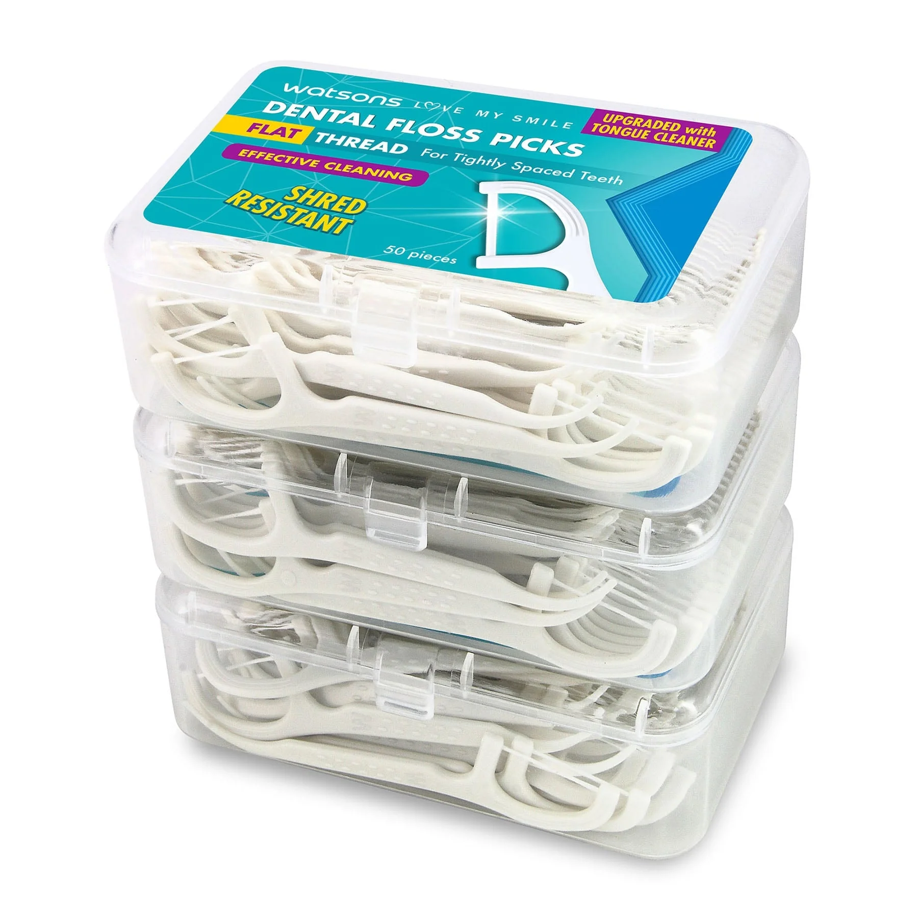Watsons Flat Thread Dental Floss Picks With Tongue Cleaner 3X50pcs