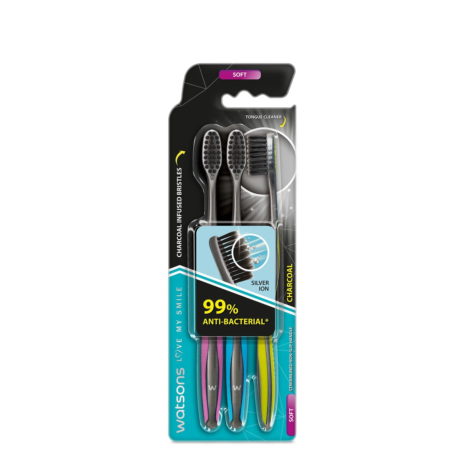 Watsons Love My Smile Charcoal Toothbrush (Soft) 3pcs