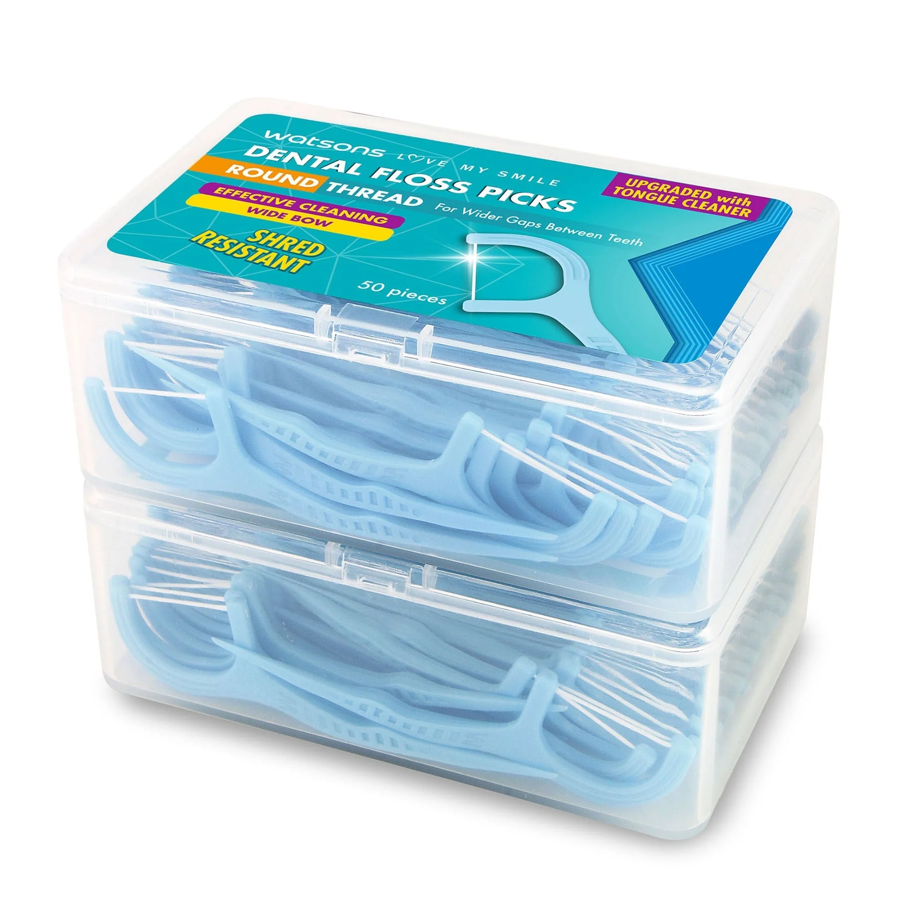 Watsons Round Thread Wide Bow Dental Floss Picks With Tongue Cleaner 2X50pcs