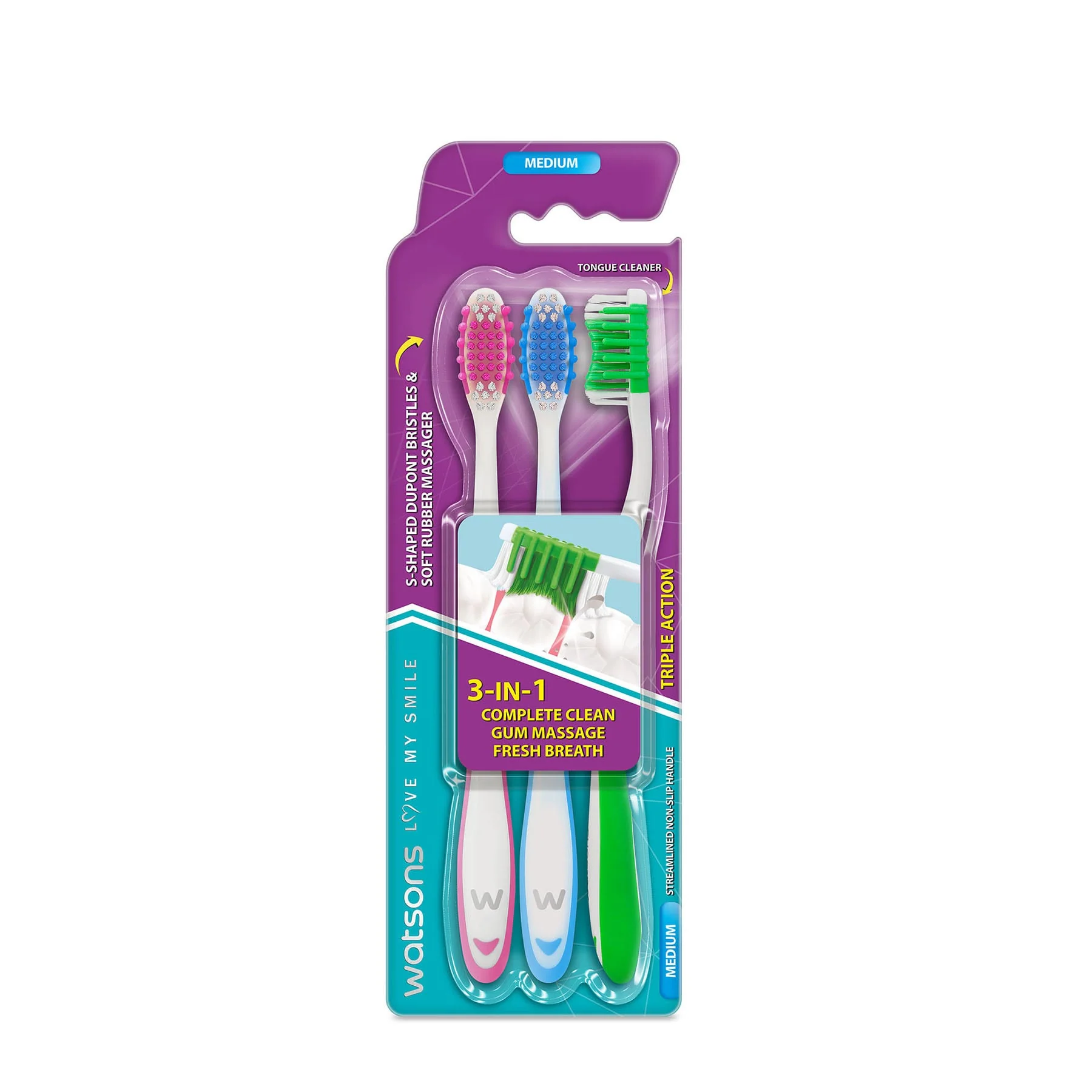 Watsons Triple Action Toothbrush (Medium) 3pcs